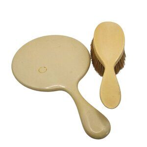 Vintage Celluloid Ivory Hand Mirror & Brush Set Grooming Accessory-One Stain